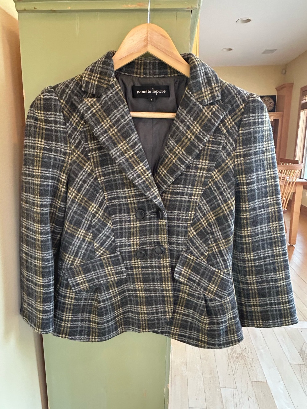 Nanette Lepore Wool Double-Breasted Blazer Jacket Gray Plaid Size 2